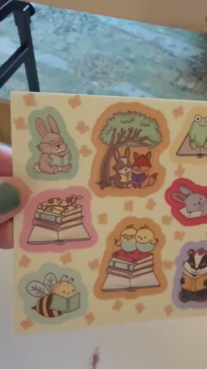 Spring Reading Buddies Sticker Sheet, Cute Animal Bookish Stickers for Kindle, Cottagecore Frog & Bunny Vinyl Decals, Book Lover Gift, 4x4