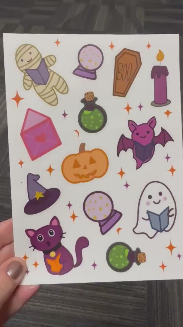 Halloween Sticker Sheet - cute spooky reading buddies on a 5x7 sticker shee /  Vinyl Matte Sticker / Laptops, notebooks, water bottles, etc.
