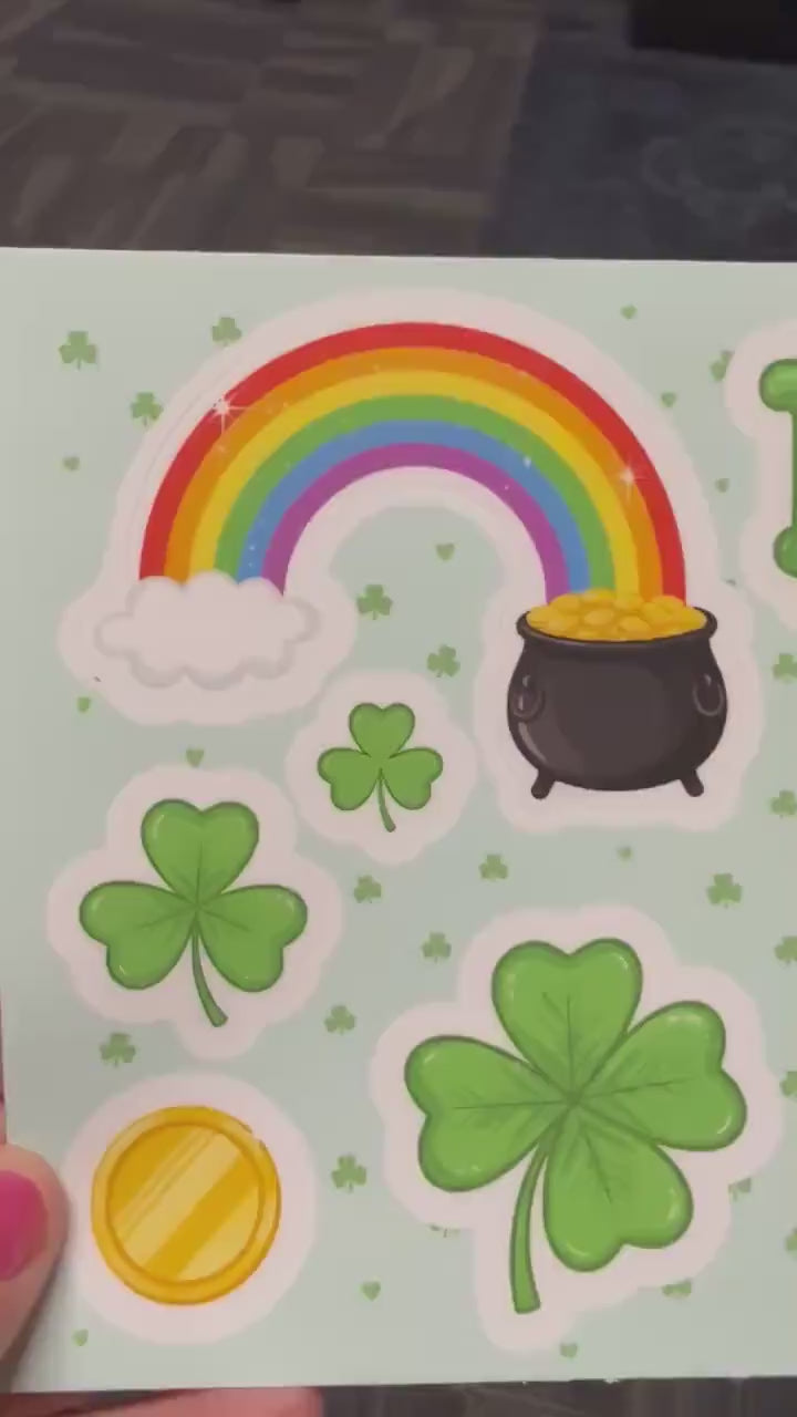 March 17 Planner Stickers, St. Patrick's Day Calendar Decals, Rainbow and Pot of Gold Sticker Sheet, Lucky Shamrocks for Journaling, 4x4