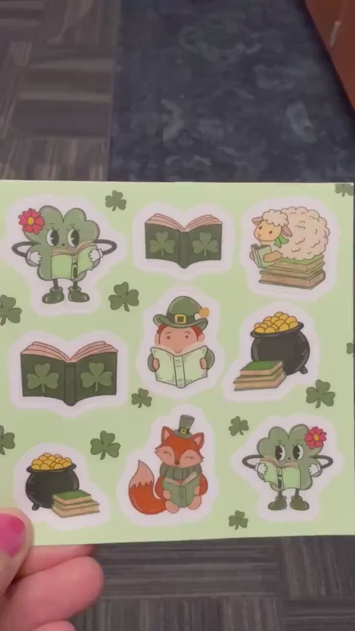 St. Patrick's Day Reading Stickers, Lucky Bookish Sticker Sheet, Retro Clover Reading Buddies, Librarian & Teacher Gift, 4x4 Planner Sticker