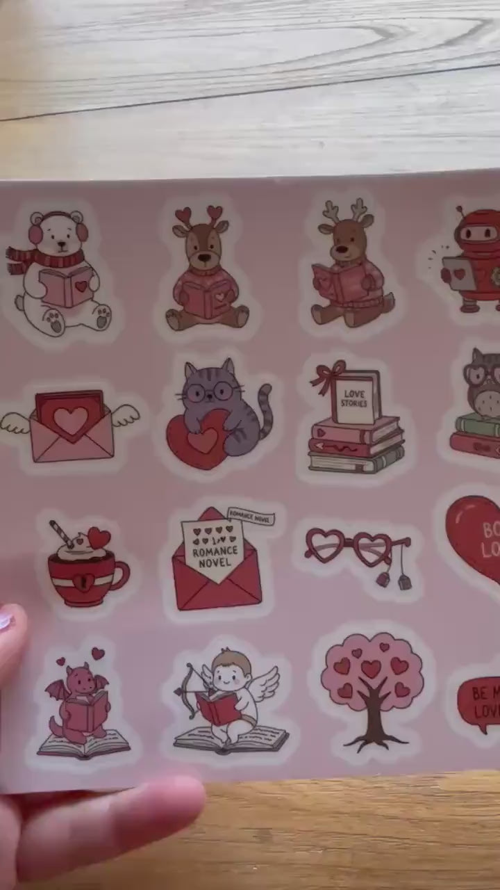 Valentine Reading Buddies Sticker Sheet | Cute Animal Book Stickers | Romance Novel Reader Gift | 6x6 Planner Stickers | Bookish Valentine