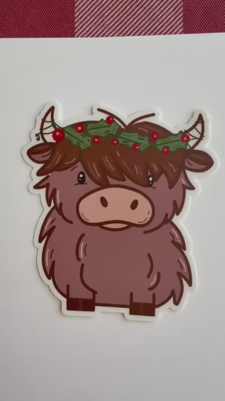 Christmas Highland Cow Sticker | Holiday Holly Wreath Decal | Festive Vinyl Waterproof Sticker