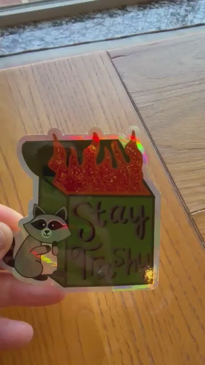Stay Trashy Raccoon Dumpster Fire Sticker | Funny Sarcastic Decal | Glitter Flame Chaos Vibe | Opossum Trash Panda Humor Gift